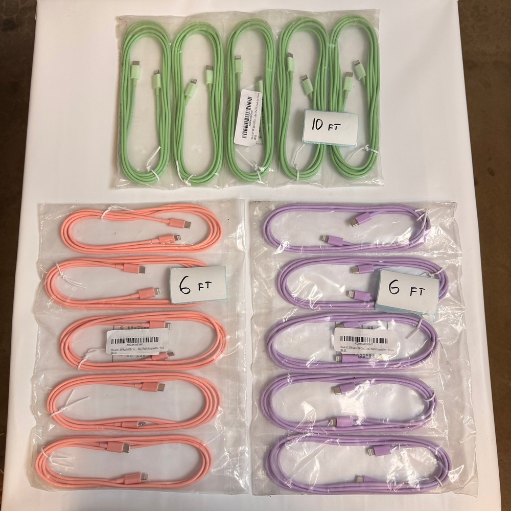 Lot of 15 USB C to Lightning Fast Charging Cables 20W 10x 6ft,‎ 5x 10ft Green, P